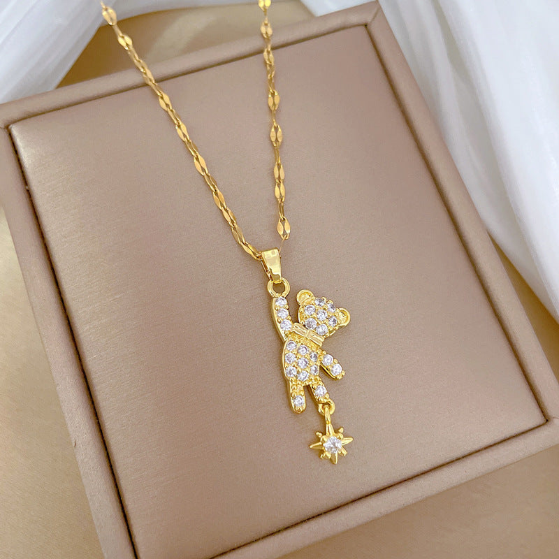 Collana con ciondolo a orso minimalista Starburst in acciaio inossidabile con intarsio di strass per donna e uomo, delicata catena clavicolare