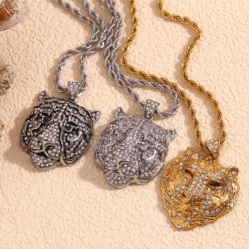 Hip Hop Style Tiger Face Pendant Necklace for Men Stainless Steel with 18K Gold Plating and Full Rhinestone Inlay on Twisted Chain