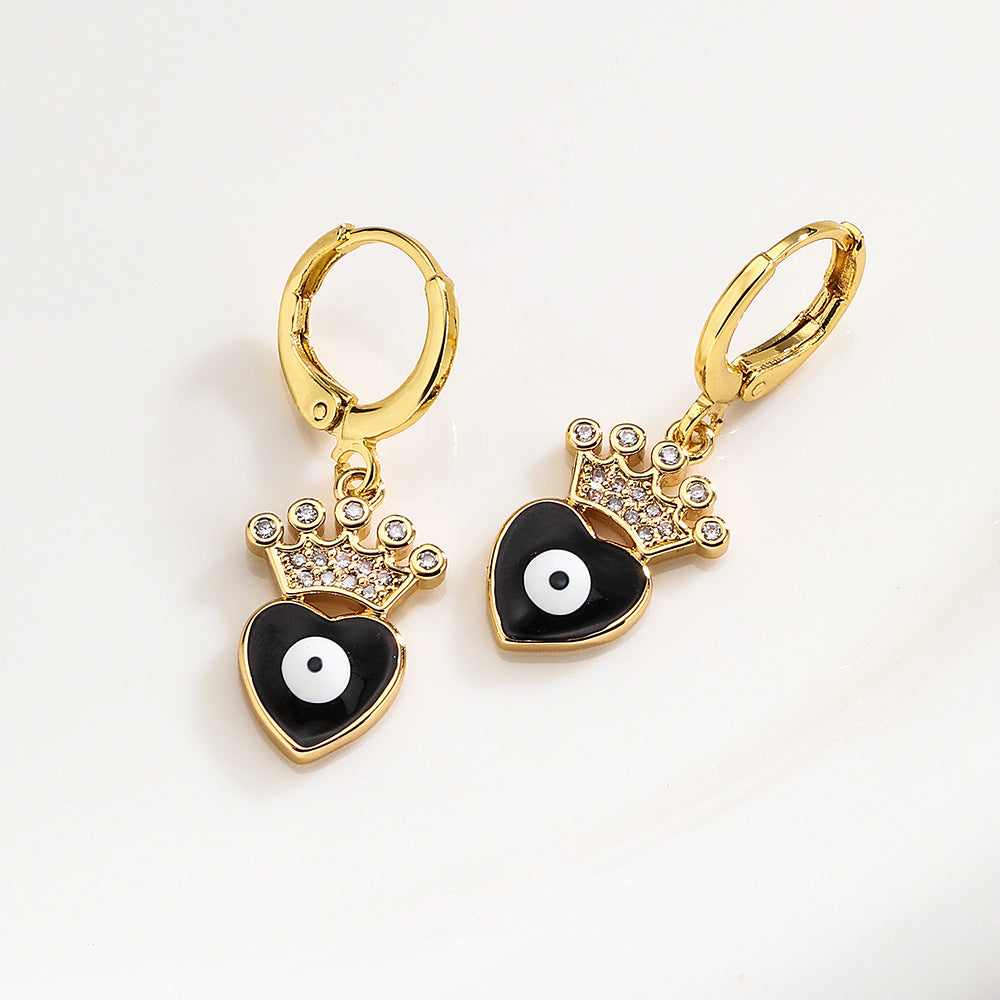 Elegant French-Style Geometric Eye and Heart Earrings for Women in Copper with Gold Plating and Enamel Finish