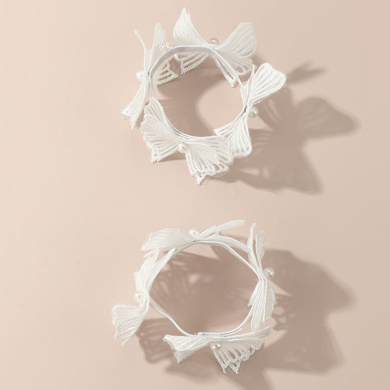 Set di elastici per capelli con fiocco a farfalla per bambini, con perle ricamate e passamaneria in pizzo di organza bianca