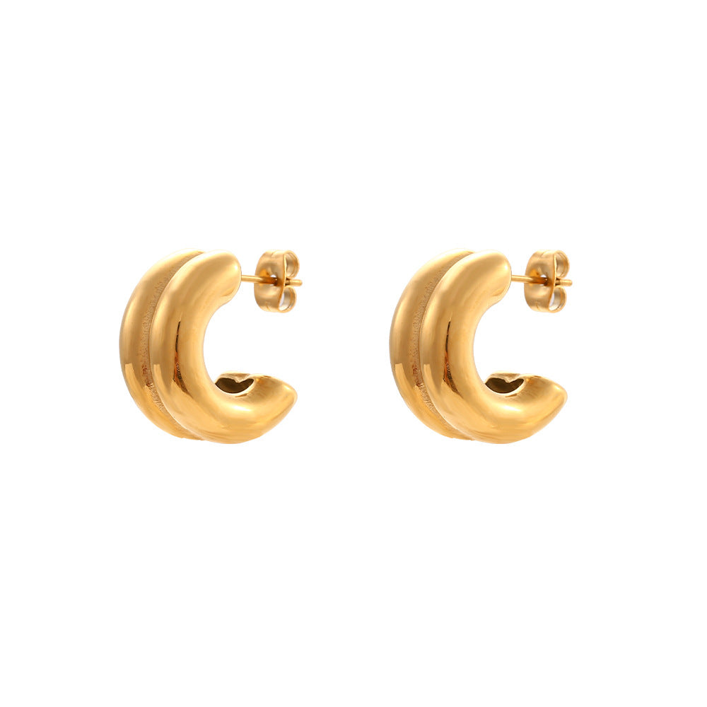 Minimalist Geometric Double-Layer C-Shaped Stainless Steel Hoop Earrings with Plated Finish