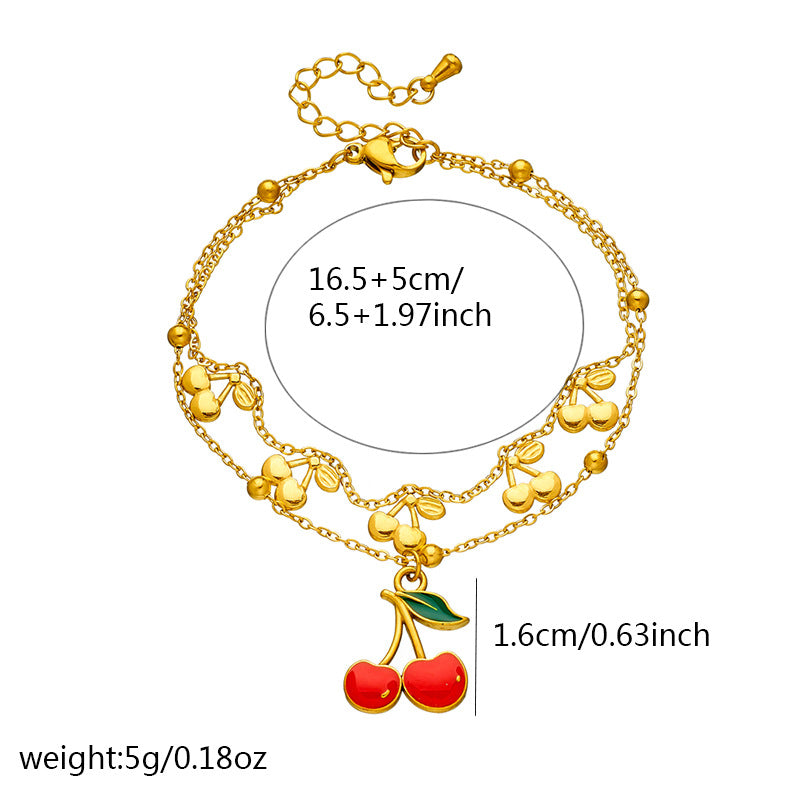 Minimalist Sweet Drip Oil Plated Stainless Steel Rhinestone Cherry Fruit Pendant Necklace and Bracelet Set with Singapore Chain for Women