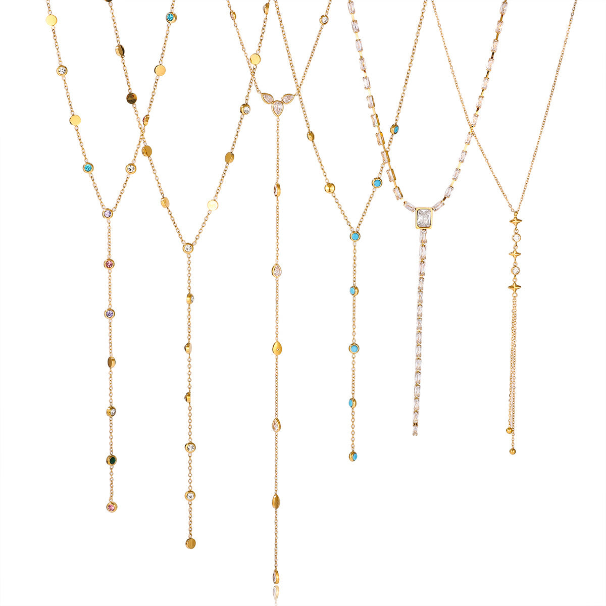 Collana di lusso a catena geometrica a Y con ciondolo in acciaio al titanio placcato oro 18 carati e zircone da donna