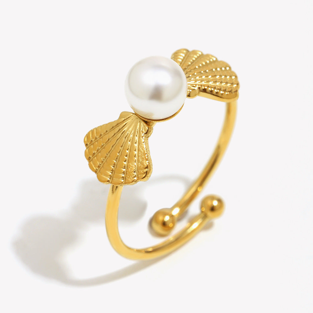 Retro French-Inspired Minimalist Geometric Stainless Steel Plated 18K Gold Open Ring for Women with Pearl-Like Finish