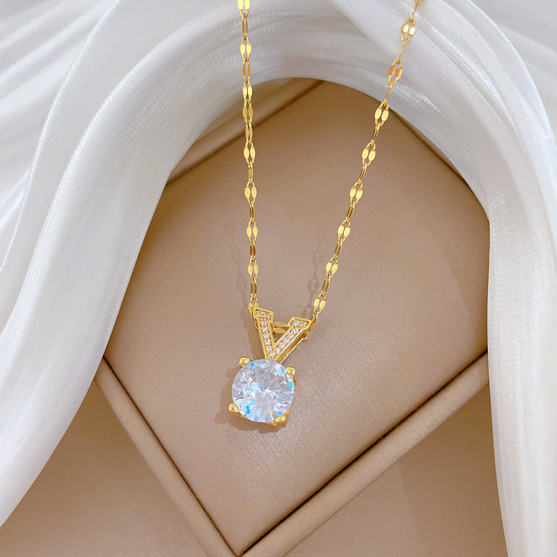 Sweet Minimalist Geometric V-Shape Cubic Zirconia Titanium Steel Necklace for Unisex