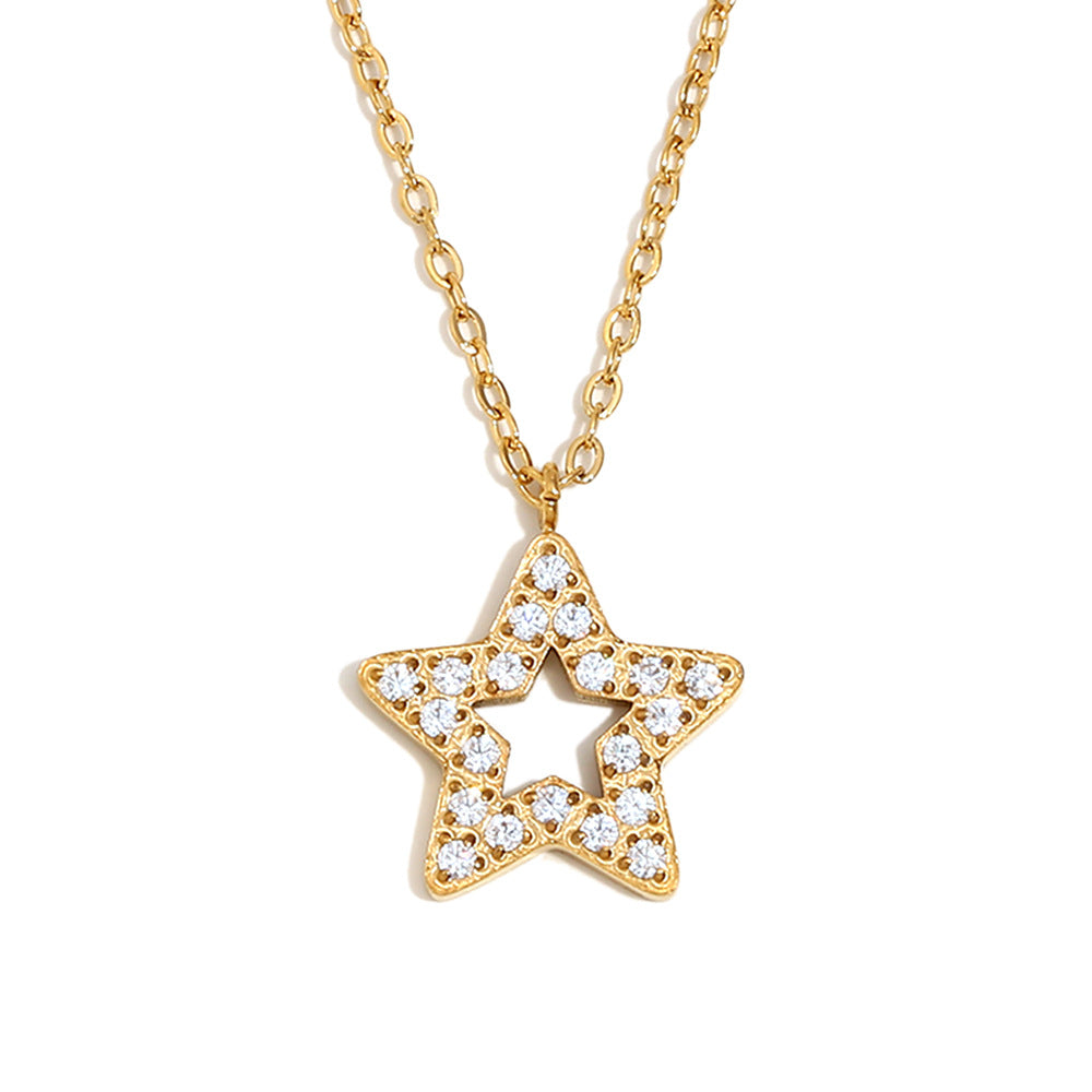 Collana con ciondolo a stella geometrica di tendenza in acciaio inossidabile con placcatura in oro 18K e intarsio di zirconi cubici da donna