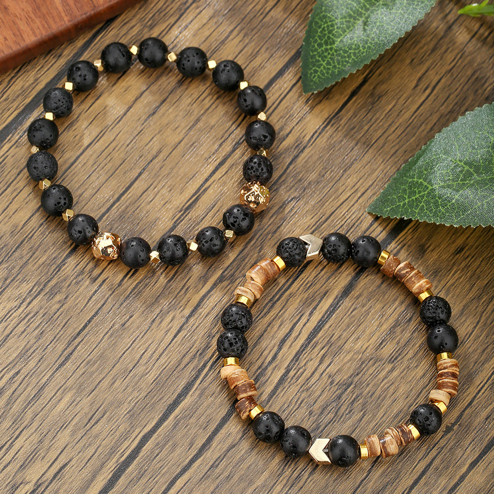 Vintage Round Wood and Agate Beaded Bracelet for Men and Women