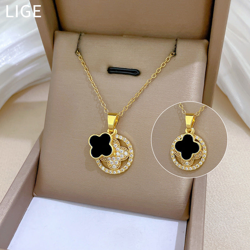 Collar de trébol de la suerte para mujer, de acero inoxidable con incrustaciones de diamantes de imitación, estilo dulce y fresco, cadena para la clavícula