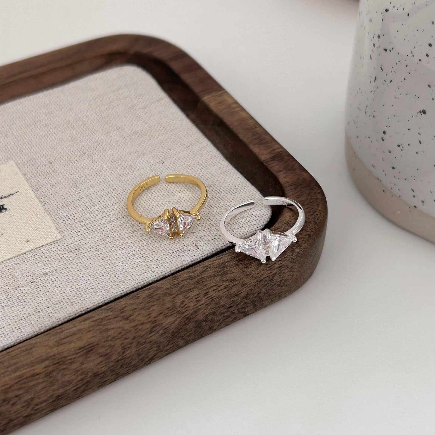 Minimalist 925 Sterling Silver Gold Plated Triangle Geometric Ring with Cubic Zirconia
