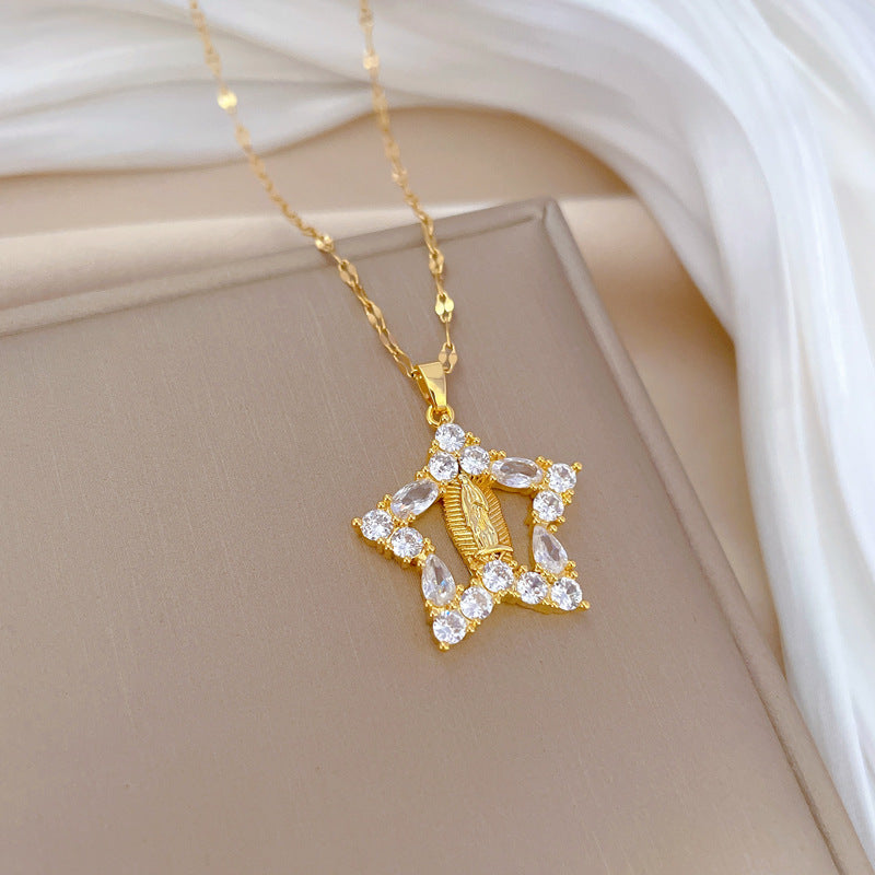 Minimalist Geometric Stainless Steel Necklace with Moon Pendant for Women and Men, Elegant Clavicle Chain with Polished Finish