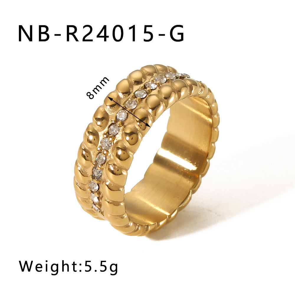Set di anelli minimalisti a doppio strato in acciaio inossidabile con zirconi micro-incastonati e perle, gioielli unisex placcati oro 18 carati