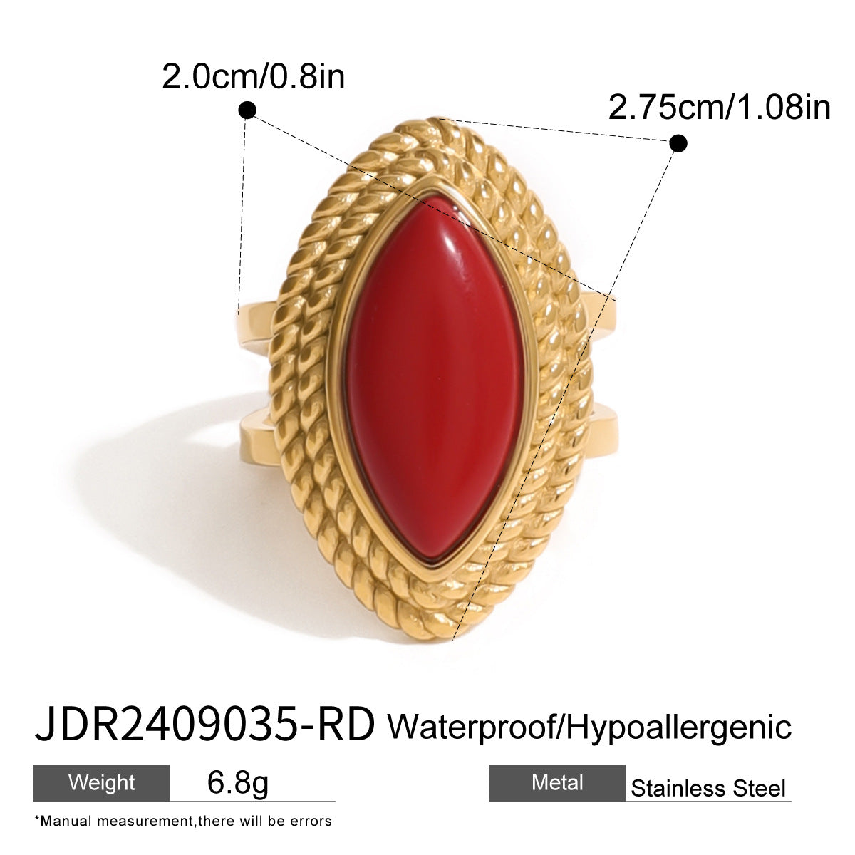 Geometric Red Agate Inlay Plated Stainless Steel Ring for Women