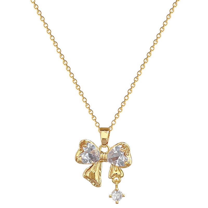 Sweet Micro-Set Cubic Zirconia & Amethyst Crystal Four-Leaf Flower Bow Pendant Titanium Steel Necklace for Women
