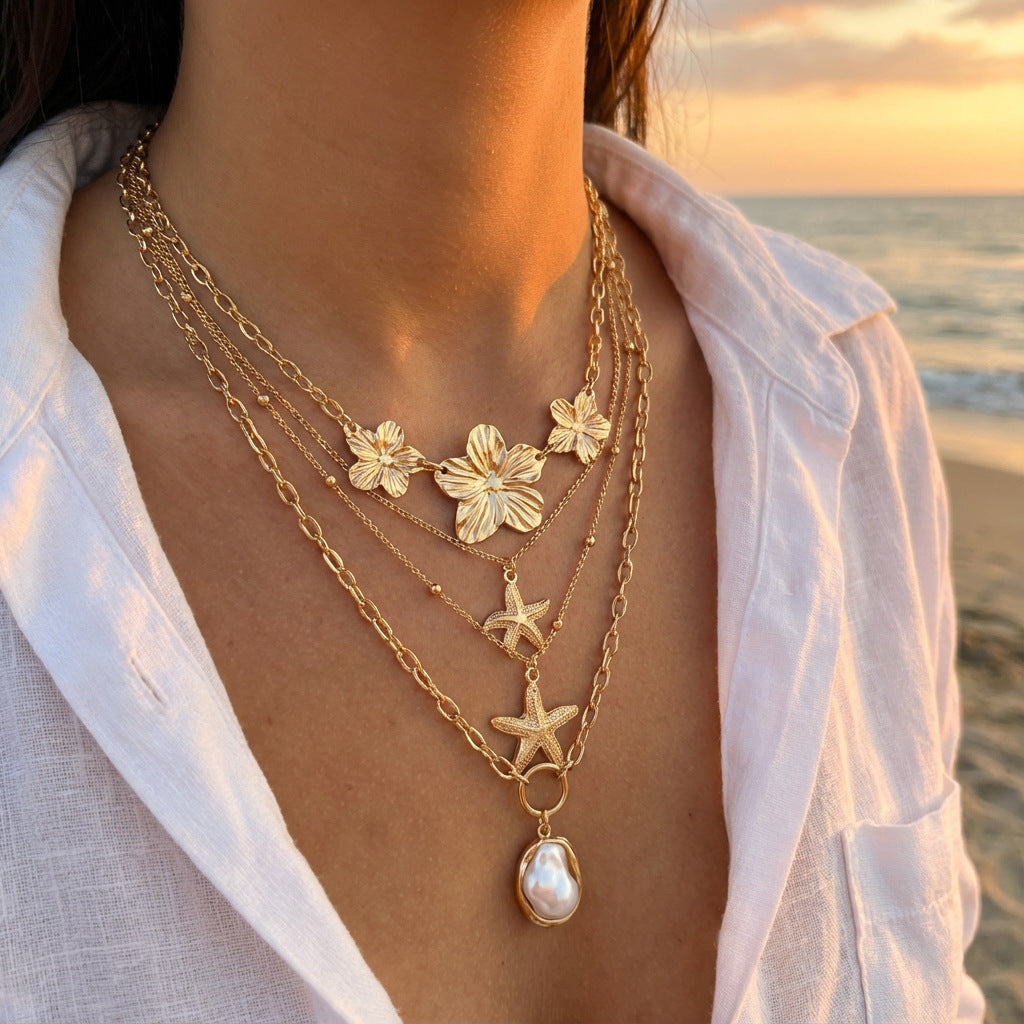 Casual Alloy Plated Plant and Pearl Necklace Set for Women