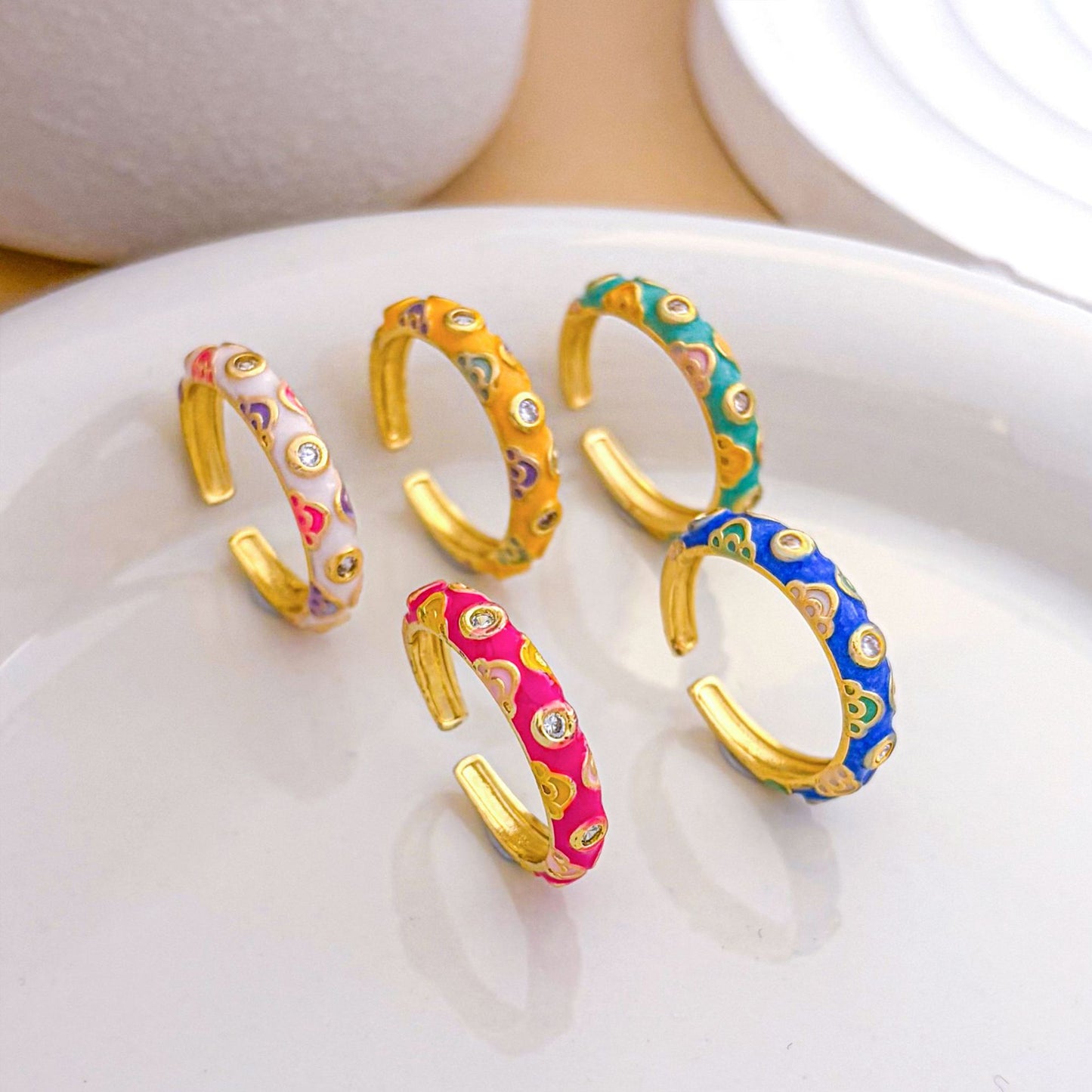 Vintage Sweet Enamel Gold Plated Brass Heart Open Ring for Women