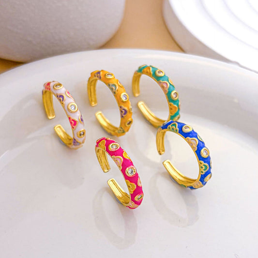 Anello aperto a cuore in ottone placcato oro con smalto colorato stile vintage da donna
