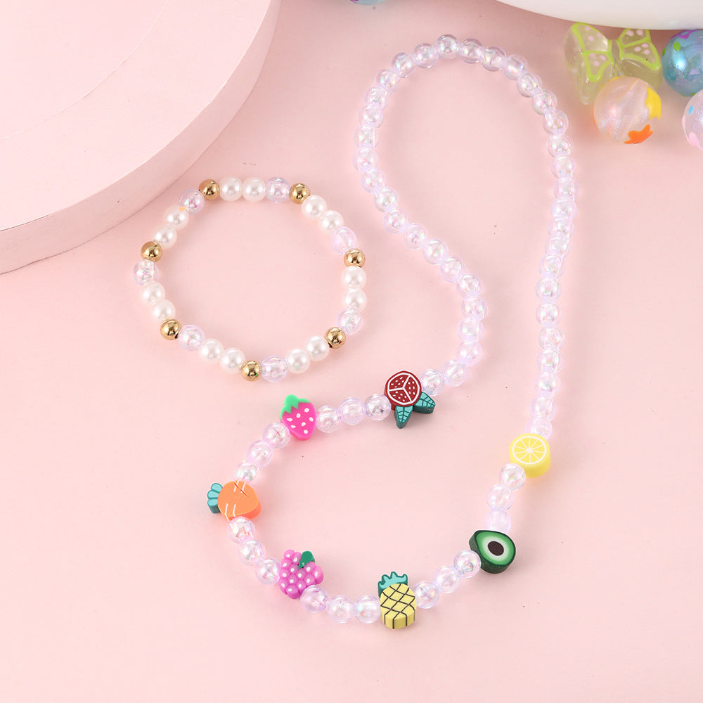 Cartoon Style Fruit-Shaped Resin and Polymer Clay Necklace Set with Beaded Chain for Children