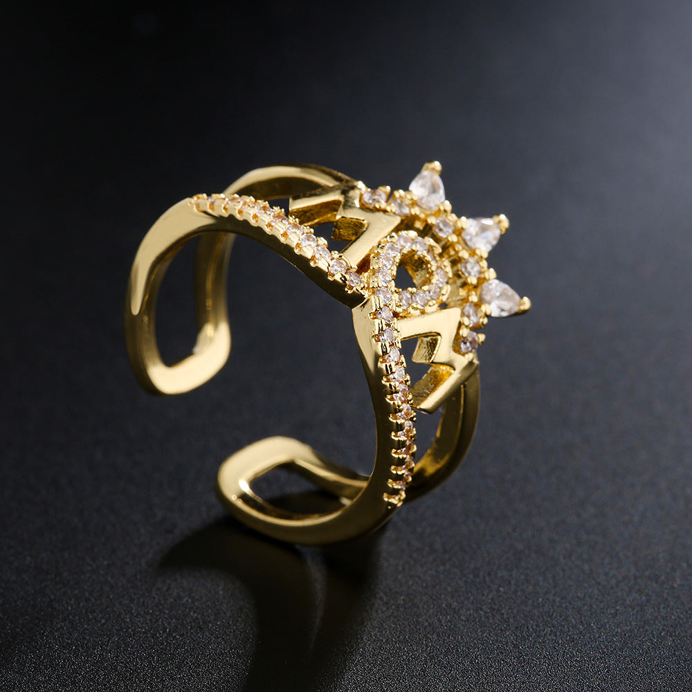 Ins Style 18K Gold Plated Geometric Crown Mom Ring Micro Paved Cubic Zirconia Copper Women Fashion Jewelry