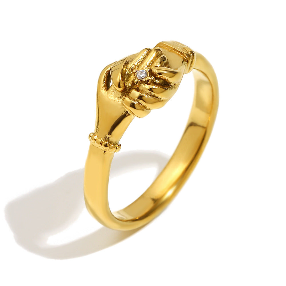 Anello da donna minimalista geometrico placcato in oro 18 carati con strass a forma di stretta di mano