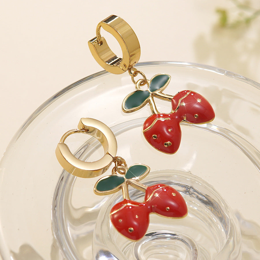 Sweet Stainless Steel Drip Oil Plated Cherry Hoop Earrings for Women