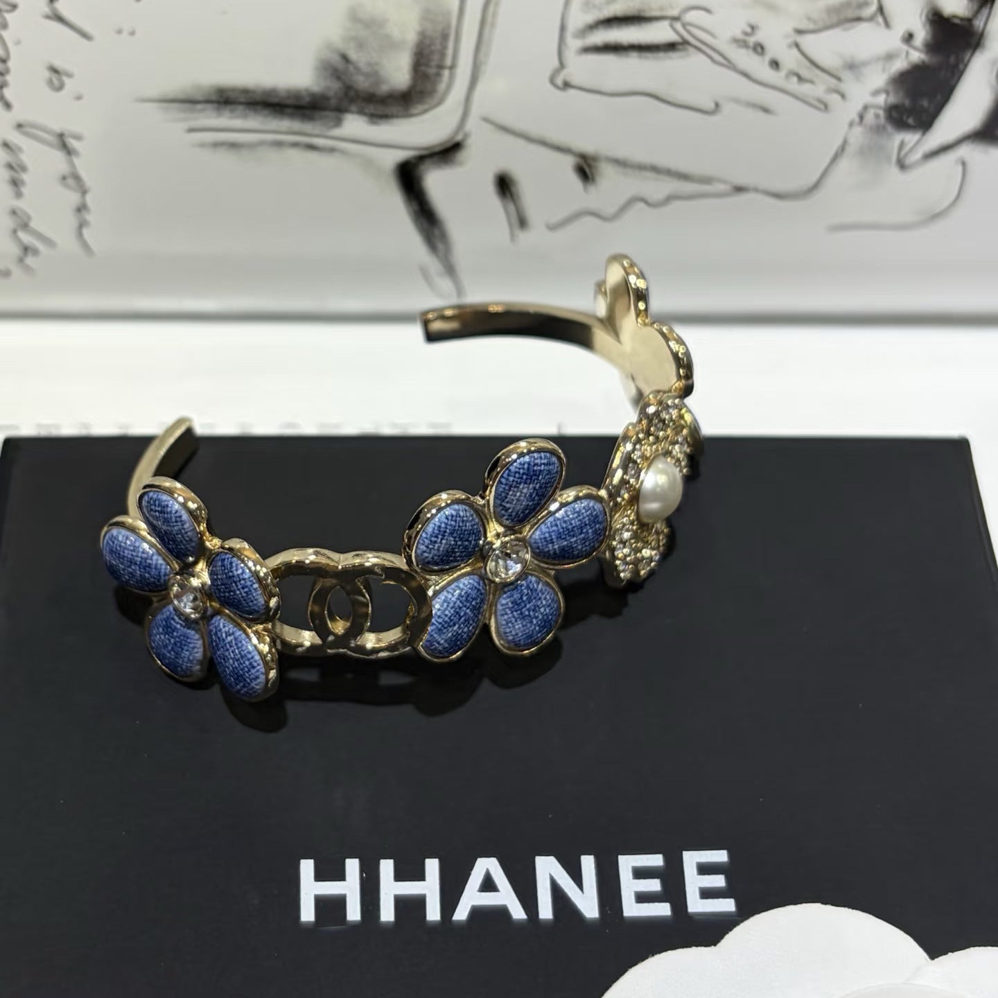 Luxury Gold Plated Brass Camellia Flower Rhinestone Open Cuff Bracelet for Women