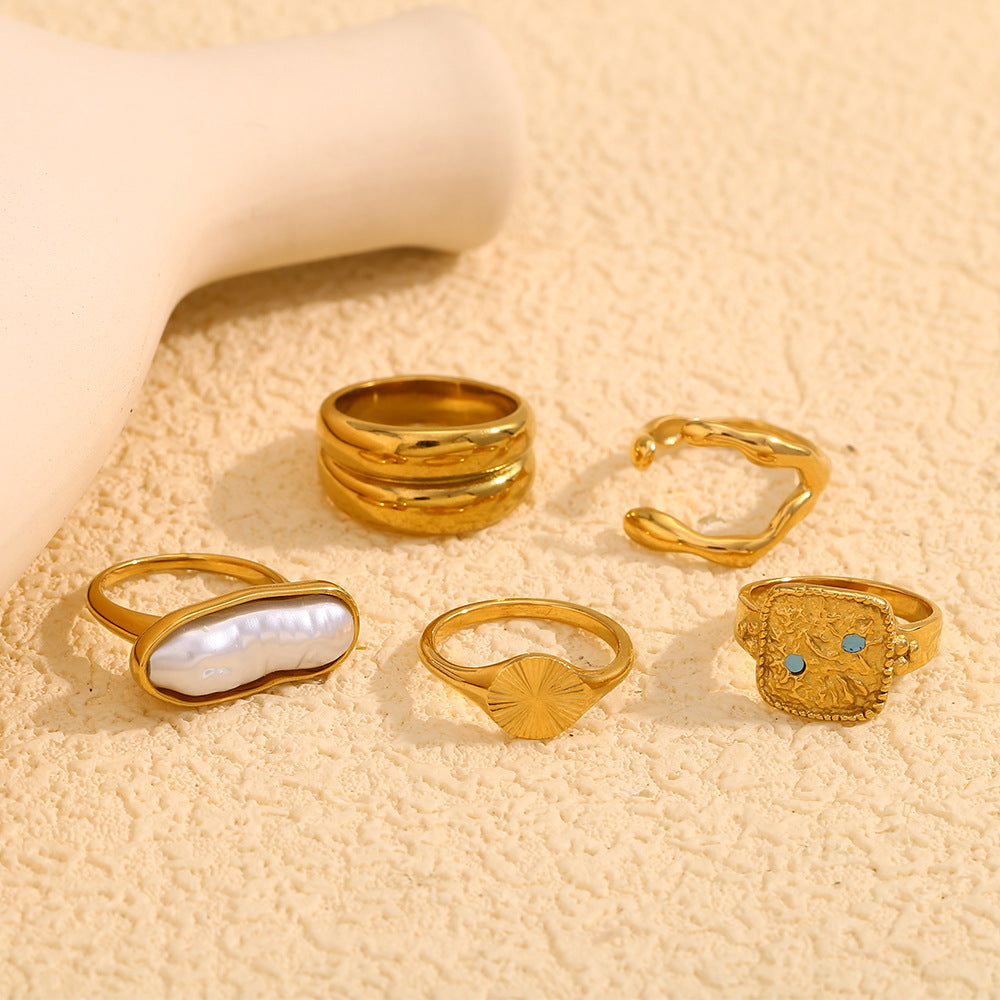 Anello Geometrico Minimalista da Donna in Acciaio Inossidabile Placcato Oro 18K con Dettagli in Smalto