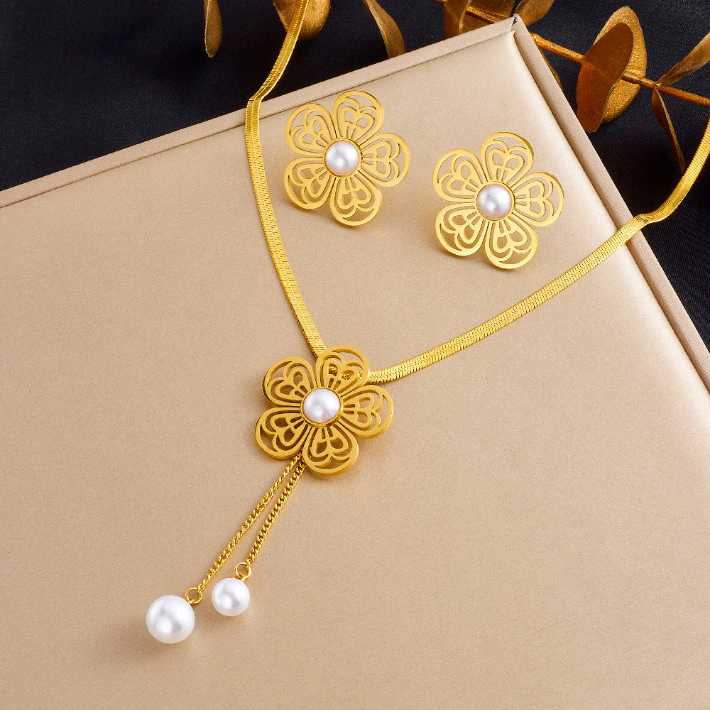 Minimalist Elegant Round Pearl Rhinestone Inlay Stainless Steel Necklace and Bracelet Set with Rope Chain