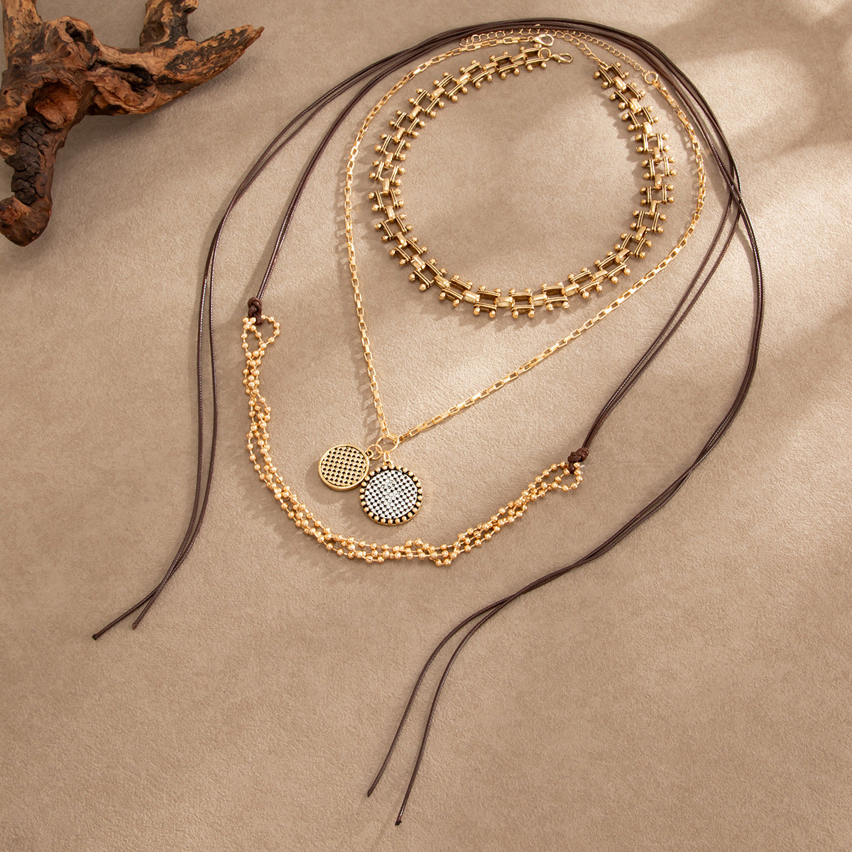 Vintage Punk Geometric Round Zinc Alloy Pendant Plated Iron Multi-layer Necklace for Women
