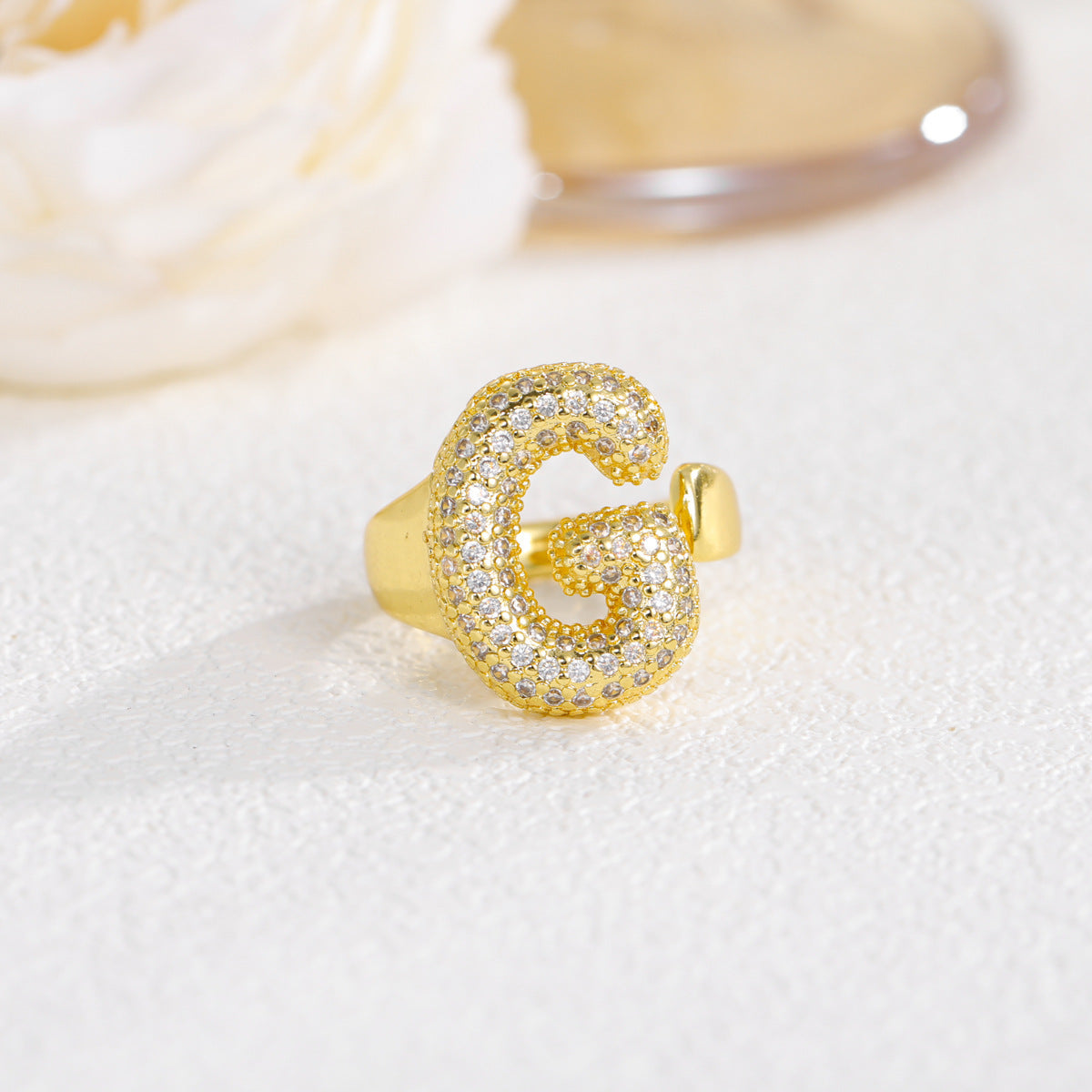 Sweet Plated Brass Letter Ring with Cubic Zirconia Adjustable Open Ring for Women and Men