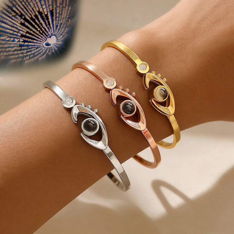 Rose Gold Plated Titanium Steel Evil Eye Projection Bracelet with 100 Languages I Love You Message Open Cuff