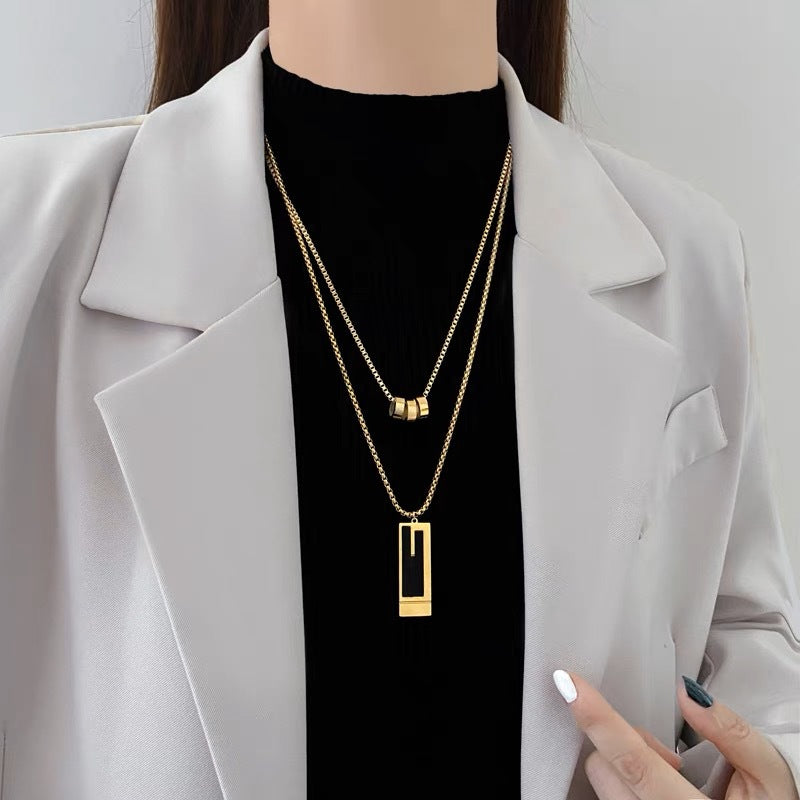 Minimalist Geometric Titanium Steel Double-Layer Pendant Necklace for Women and Men with Polished Finish and Chic Long Sweater Chain Design