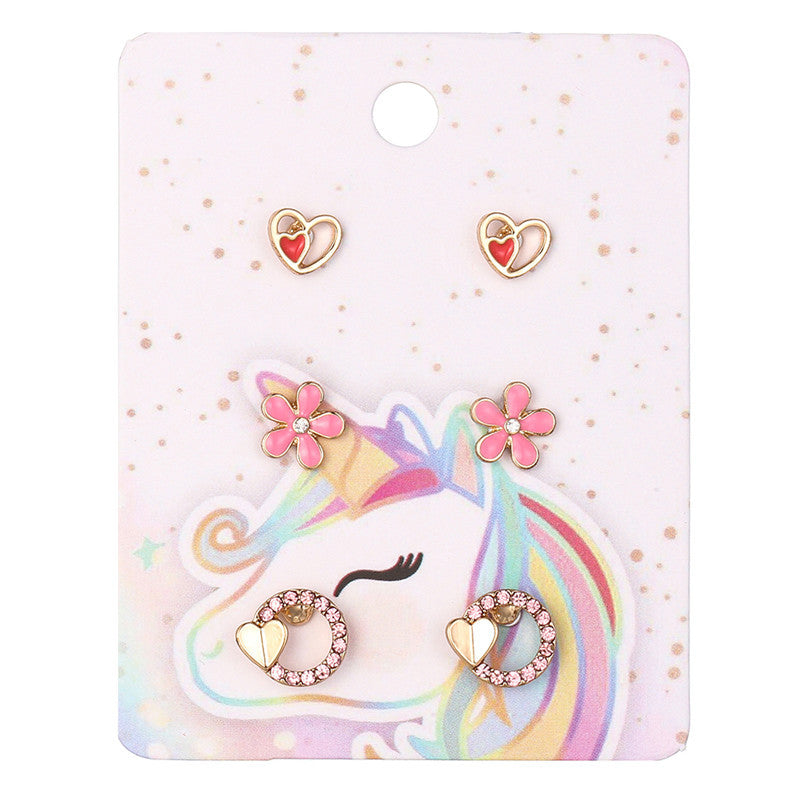 Aretes de tuerca de aleación con forma de corazón de dibujos animados para niñas con diseño floral esmaltado estilo dulce princesa