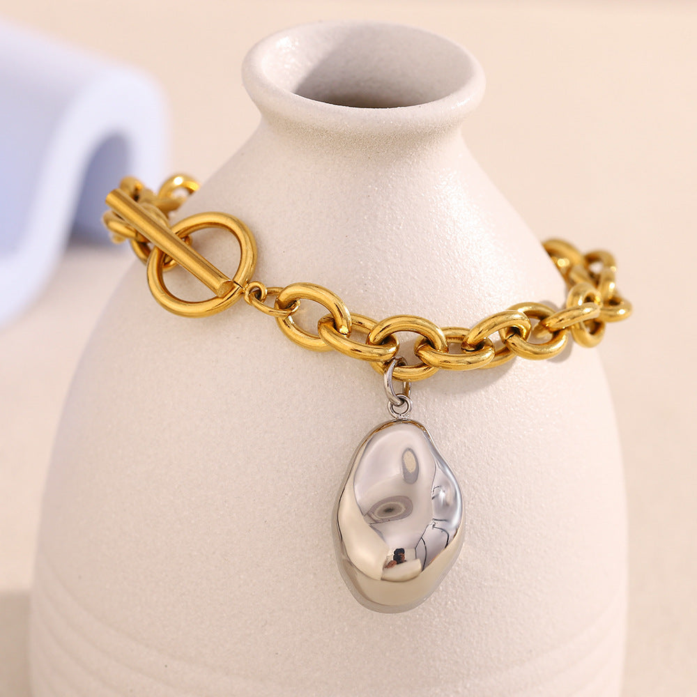 Fashion Minimalist Peanut-Shaped Stainless Steel Plated 18K Gold Solid Necklace and Bracelet Set for Women