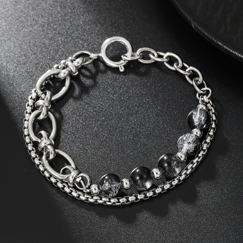 Minimalist Hip-hop Double Layer Stainless Steel Cable Chain Bracelet with Crackle Beads