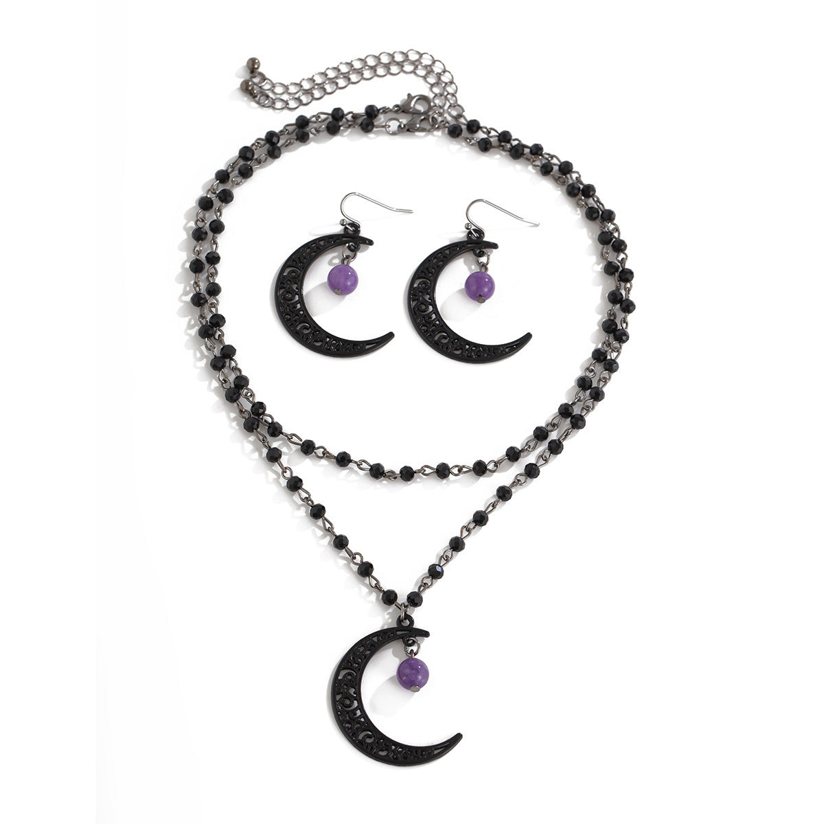 Collana gotica dark stile luna cava con perle di cristallo su catena fatta a mano da donna