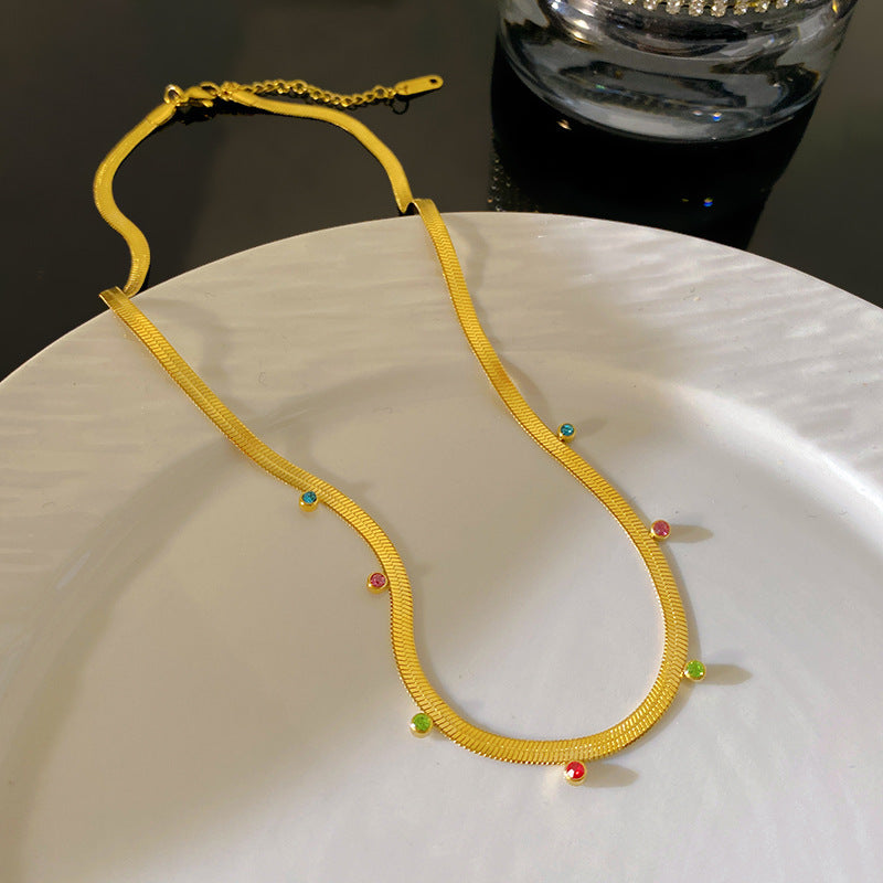 Sweet Streetwear Geometric Titanium Steel PVD Necklace with Cubic Zirconia and Flat Snake Chain