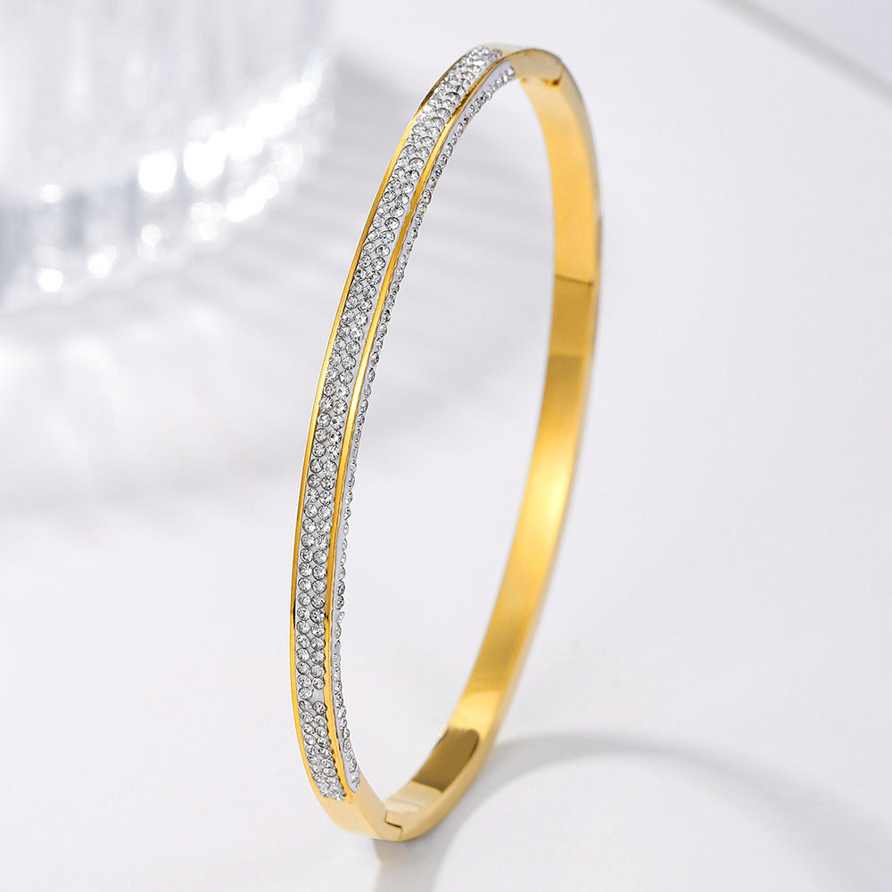 Geometric Round Rhinestone Inlaid Plated Titanium Steel Bracelet for Women and Men