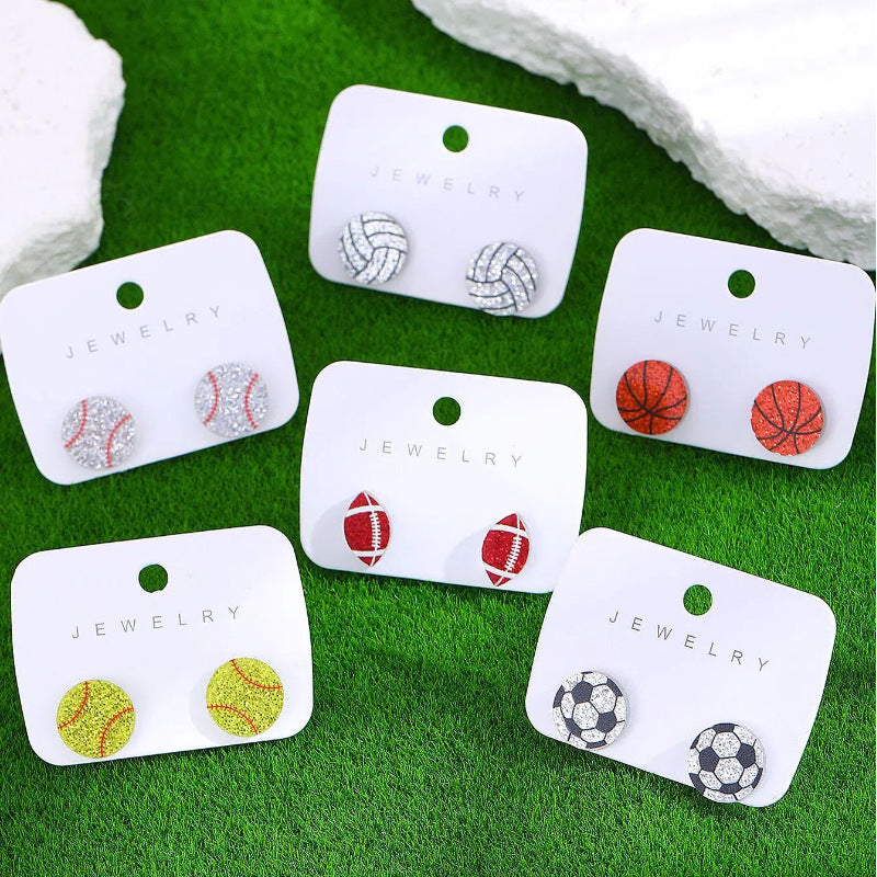 Vintage Acrylic Heart Stud Earrings with Sports Ball Print for Women