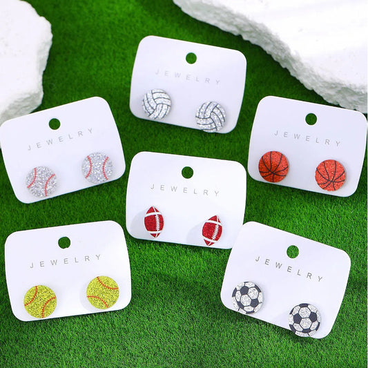 Vintage Acrylic Heart Stud Earrings with Sports Ball Print for Women