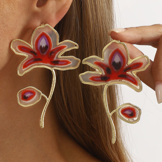 Pendientes de aleación de zinc con esmalte, diseño floral geométrico minimalista para mujer