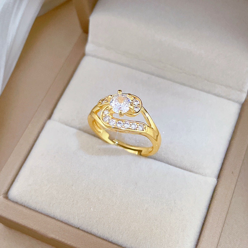 Minimalist Sweet Gold Plated Rhinestone Crown Adjustable Ring for Women and Couples