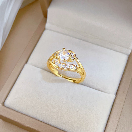 Minimalist Sweet Gold Plated Rhinestone Crown Adjustable Ring for Women and Couples