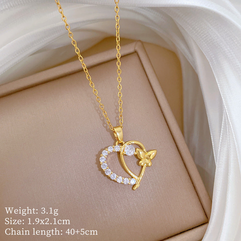 Geometric Heart Butterfly Pendant Necklace for Women in Titanium Steel with Micro-Pave Rhinestone Accents, Minimalist Fresh and Sweet Style Clavicle Chain