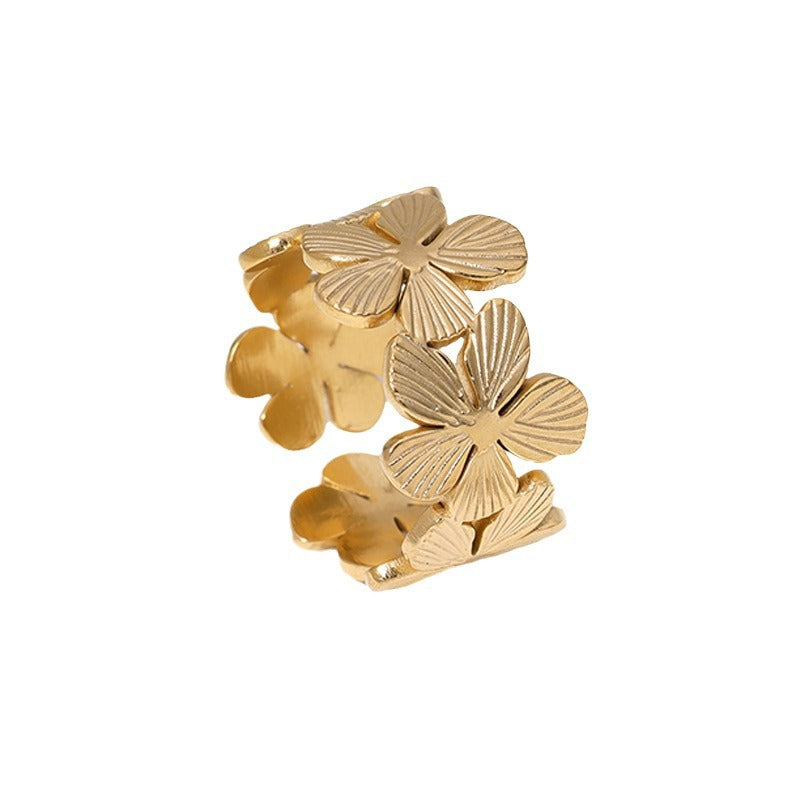 Anello minimalista floreale in acciaio inossidabile con placcatura in oro 18K da donna Anello aperto regolabile in acciaio al titanio