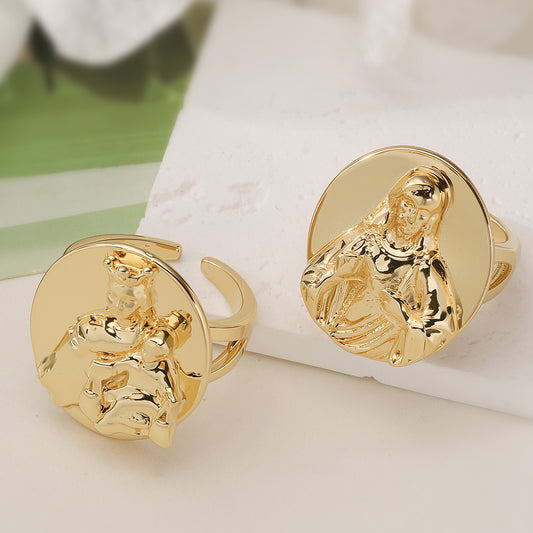 Vintage Minimalist 18K Gold Plated Brass Geometric Virgin Mary Open Ring for Women