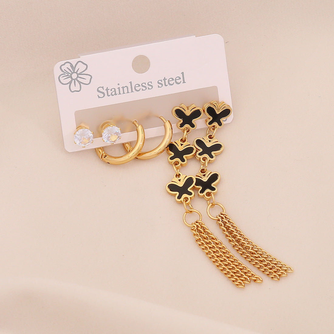 Fashionable OL Style Heart-Shaped Titanium Steel Earrings Set with Electroplated Finish and Floral Six-Petal Flower Design for Women