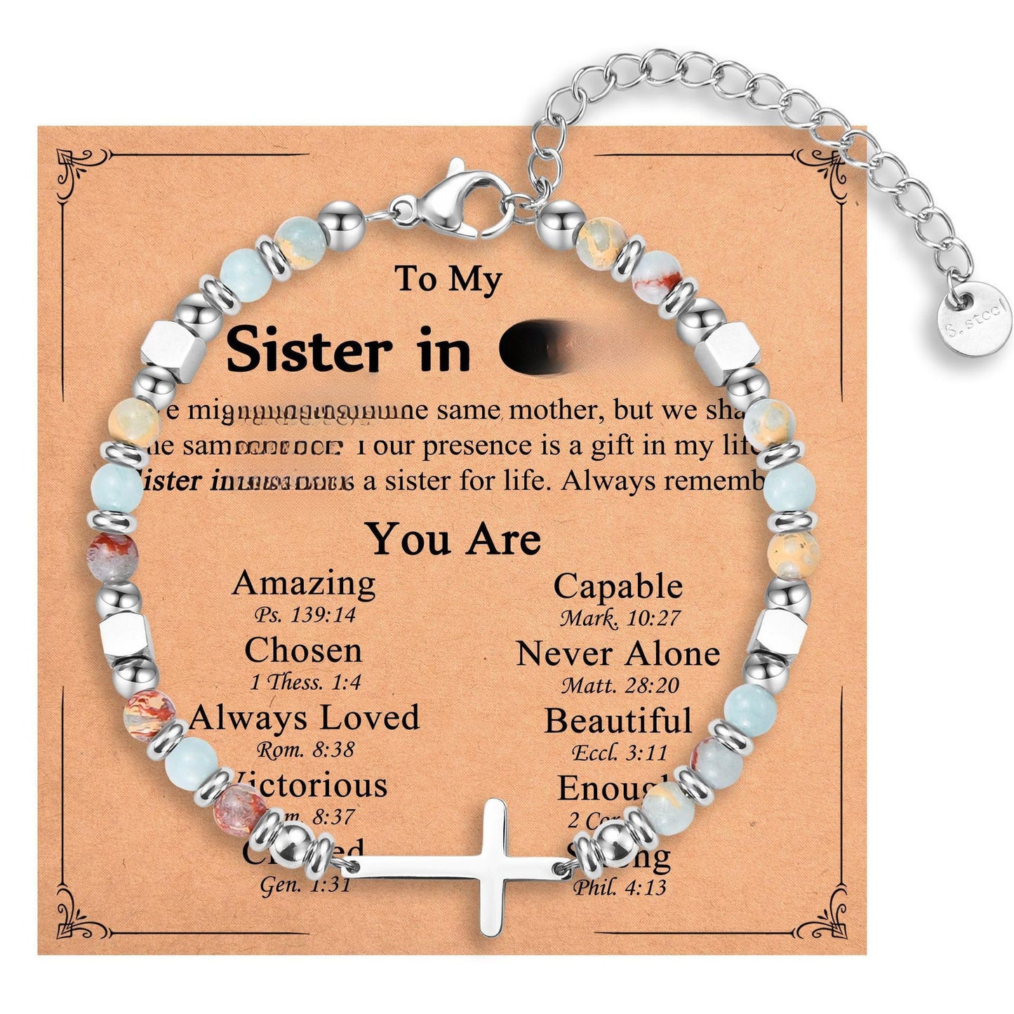 4mm Natural Stone Blue Shoushan Stainless Steel Cross Pendant Adjustable Bracelet