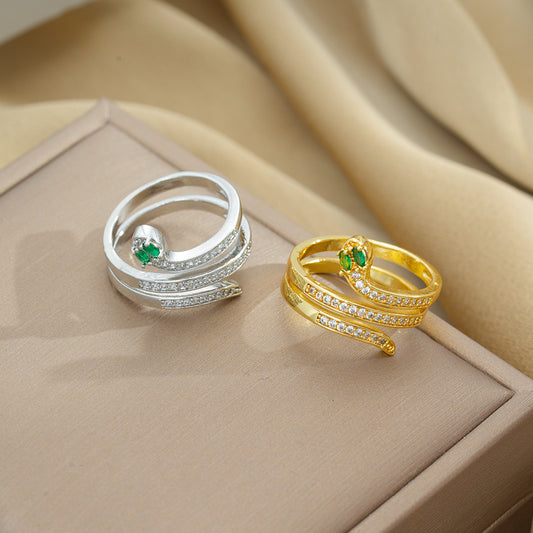 Anello Vintage a Forma di Serpente con Occhi in Zircone Verde Realizzato in Acciaio al Titanio con Placcatura Sottovuoto per Donna