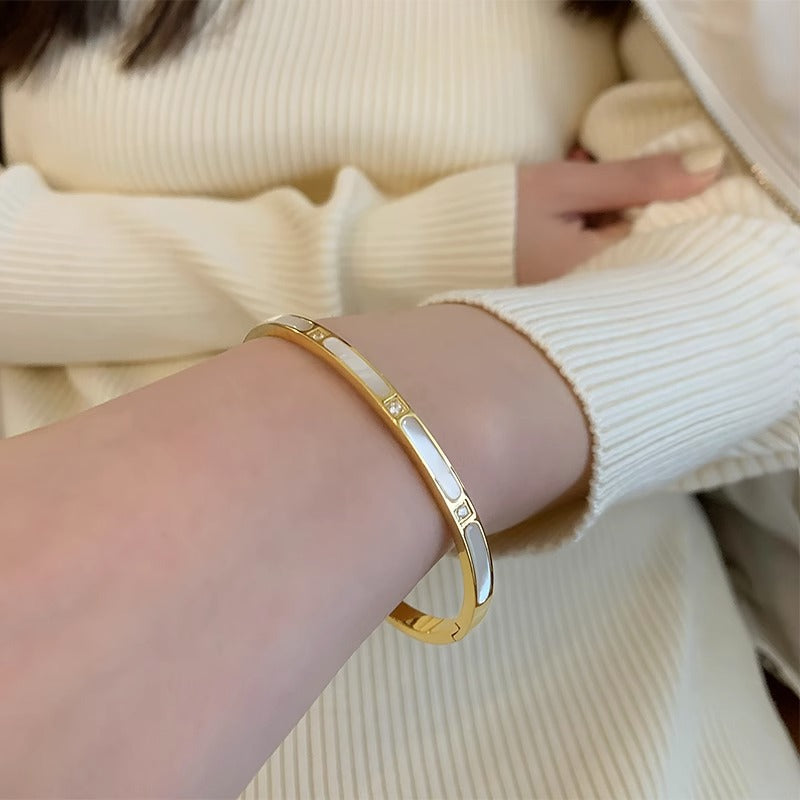Minimalist Oval Titanium Steel Bracelet with Zircon Inlay and Plated Finish for Women