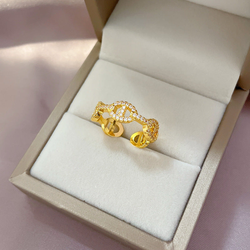 Pig Nose Open Ring for Women Brass Plated Rhinestone Cartoon Fresh and Sweet Finger Ring